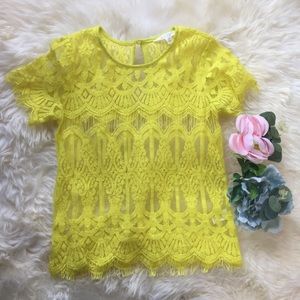 Decree bright neon yellow lace sheer top blouse Women’s XS Short Sleeve Y2K VTG